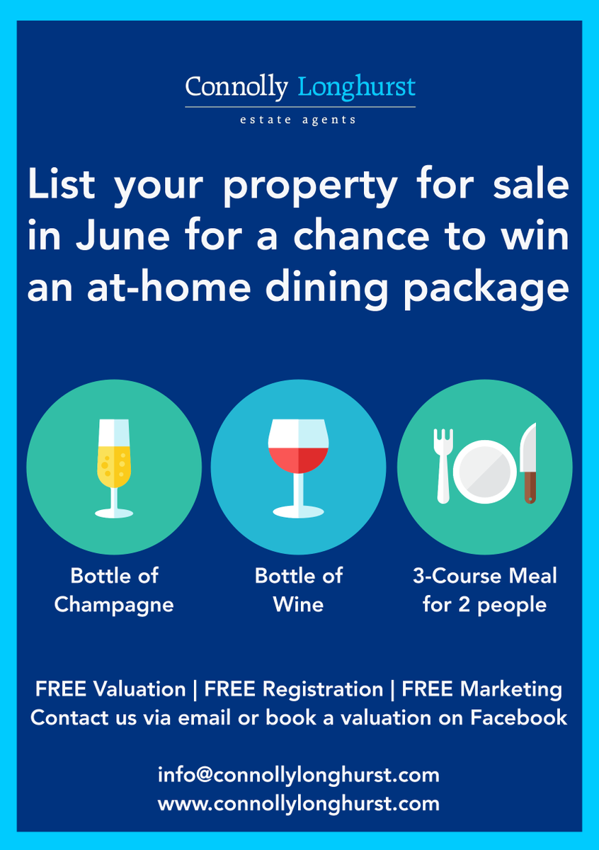 CLEstateAgents's tweet photo. 🎉Competition Time🎉

List your #property for sale in June for a chance to win an at-home dining package.

🍾Bottle of #Champagne
🍷 Bottle of wine
🍽 3-Course @44HillStreet meal for 2 people

✅ Free Valuation
✅ Free Registration
✅ Free Marketing

📧info@connollylonghurst.com https://t.co/fFg7Kuz7bU