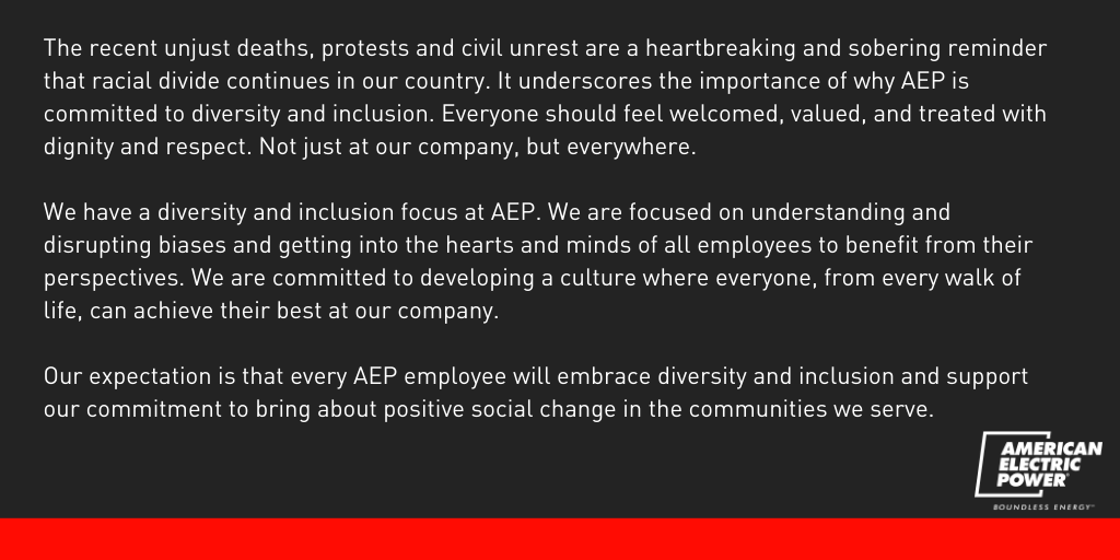 AEPnews's tweet photo. Our expectation is that every AEP employee will embrace diversity and inclusion and support our commitment to bring about positive social change in the communities we serve. https://t.co/wtpOvidVvY