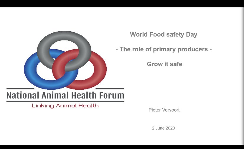 We are close to #WorldFoodSafetyDay and was nice to attend a #webinar on #FoodSafety & role of @GovernmentZA #veterinarians , #farmers & #AnimalHealth.
#Food #safety is an important player in #OneHealth #PublicHealth & #FoodSecurity. 
@FoodFocusSA #WorldFoodSafetyDay2020 #WFSD