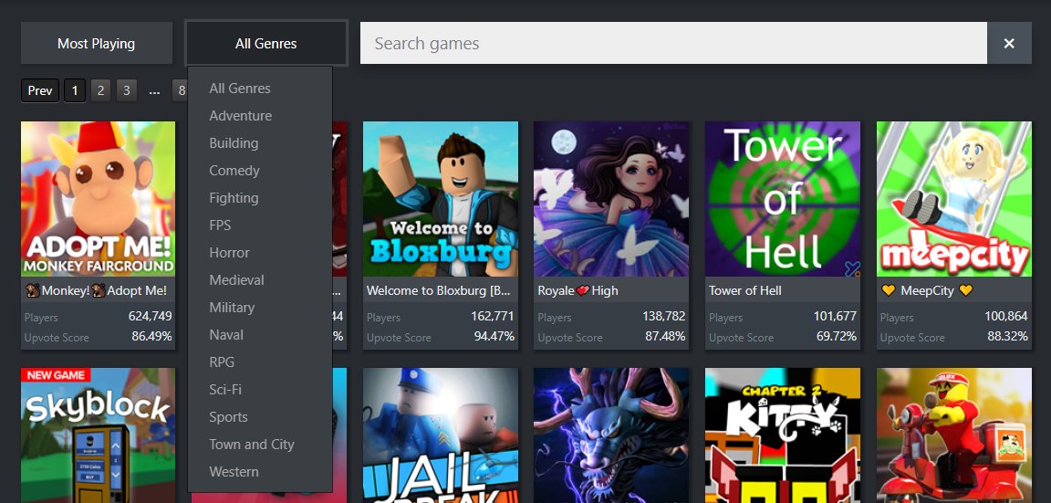 Rbxnews On Twitter The Roblox Genre Sort Has Sort Of Made A Return Roblox Leaks Site Rolimons Now Has A Feature That Allows You To Sort Some Of The Most Popular - roblox games by genre