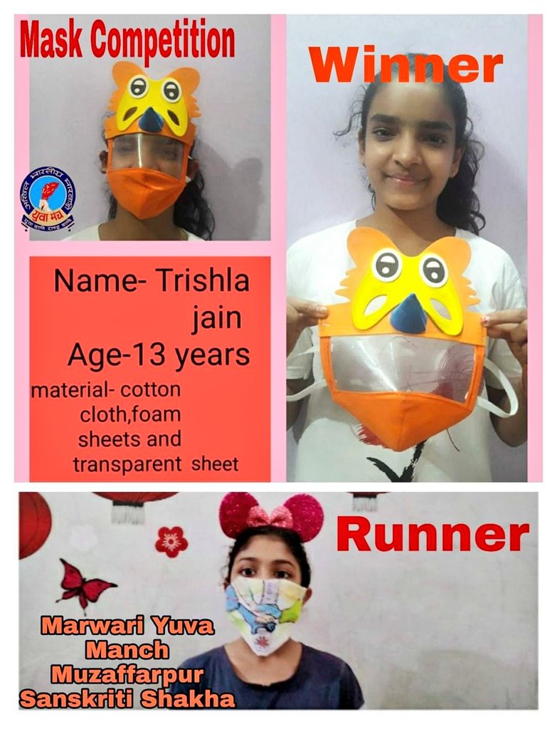 pritipoddar21's tweet photo. मारवाड़ी युवा मंच मुजफ्फरपुर संस्कृति शाखा
#MaskCompetition
#WinnerAge5to8#AarushKhemka
#Runner#AmritaGattani
Age8to11#Amber
#Aditi
Age11to15#TrishlaJain
#AnanyaTulsyan
@Diwani_Meera @np_aimym
@prashant9110115 @Sandeep46539909 @Neelusharma1008 @vikas738 @umeshslg @SKhatudham https://t.co/498gbflTnq