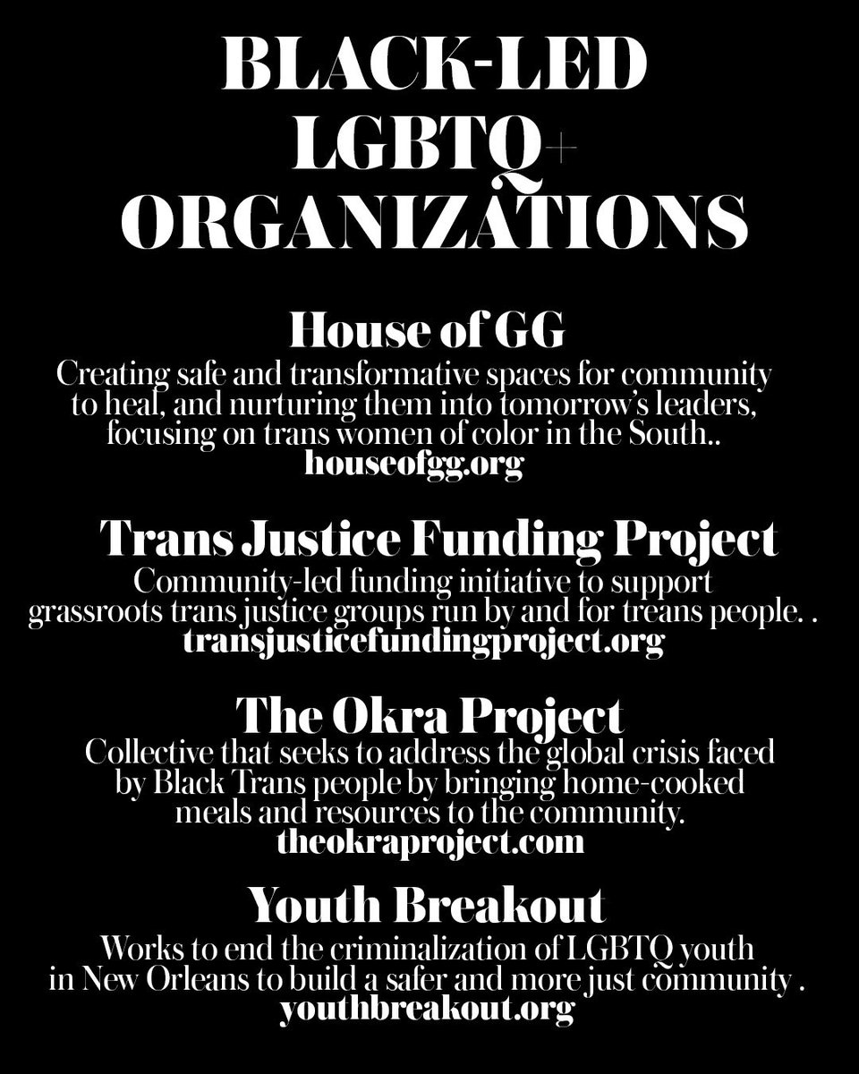 Here are a few powerful Black-Led LGBTQ+ organizations and initiatives that you should support during this time, throughout #PrideMonth, and beyond. Created by @pfpicardi. #BlackLivesMatter