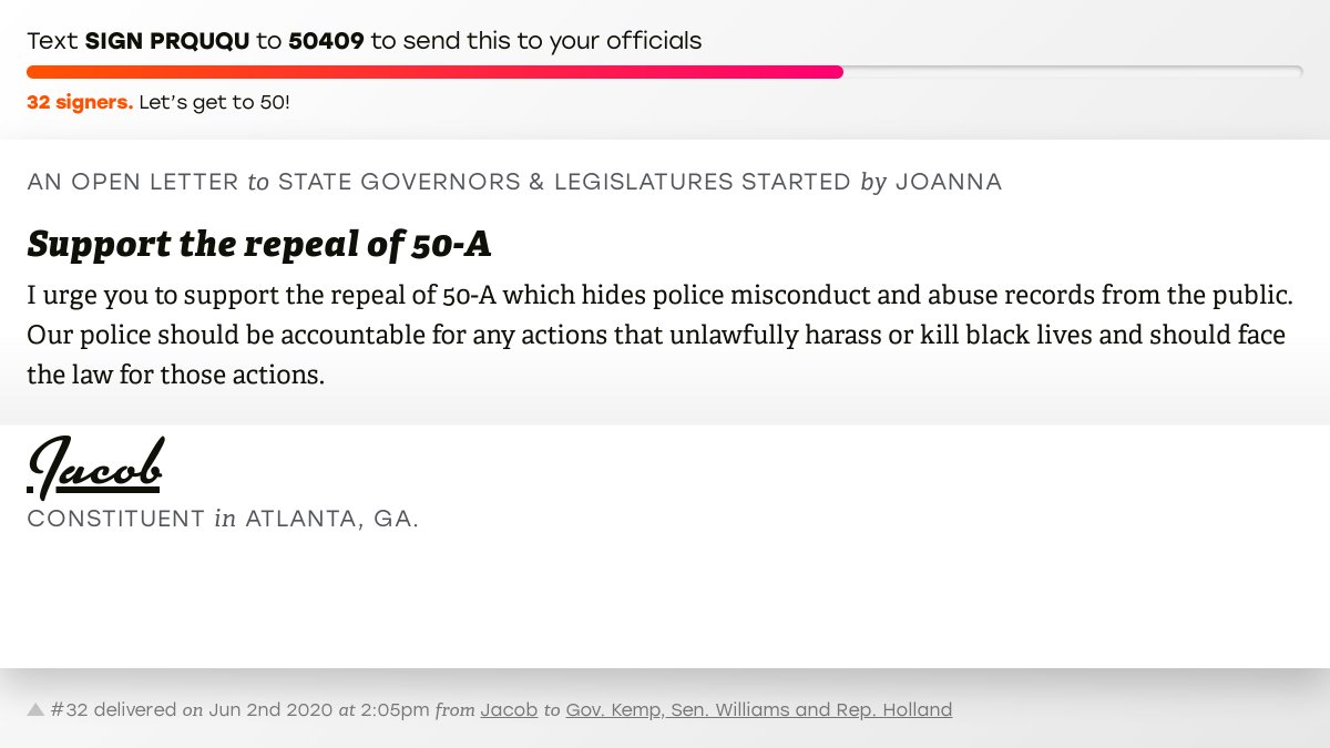 🖋 Sign “Support the repeal of 50-A” and I’ll deliver a copy to your officials: x.com/messages/compo…

📨 Last delivered from Jacob to @govkemp, Senator Williams and Representative Holland  #GApol