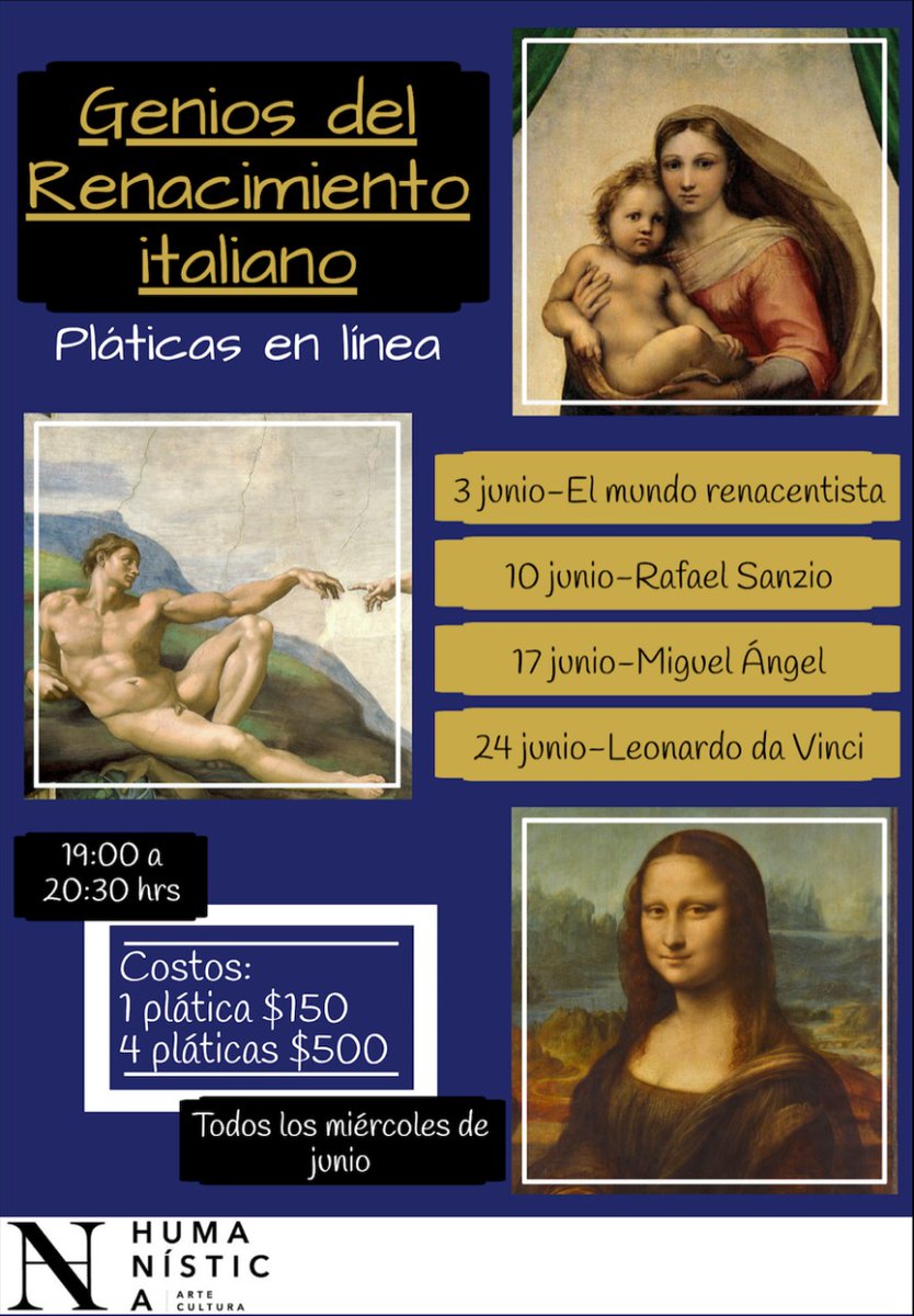 HumanisticaAyC's tweet photo. Último día para que aprovechen la promoción de las cuatro pláticas ¡Arrancamos mañana! ¿Aún no te has apartado tu lugar? #Cuarentena #QuedateEnCasa #Renacimiento #Arte #HistoriaDelArte #LeonardoDaVinci #MiguelAngel #Rafael #LaPiedad #CapillaSixtina #Gioconda #David #Vaticano https://t.co/3J4GW5BCoj