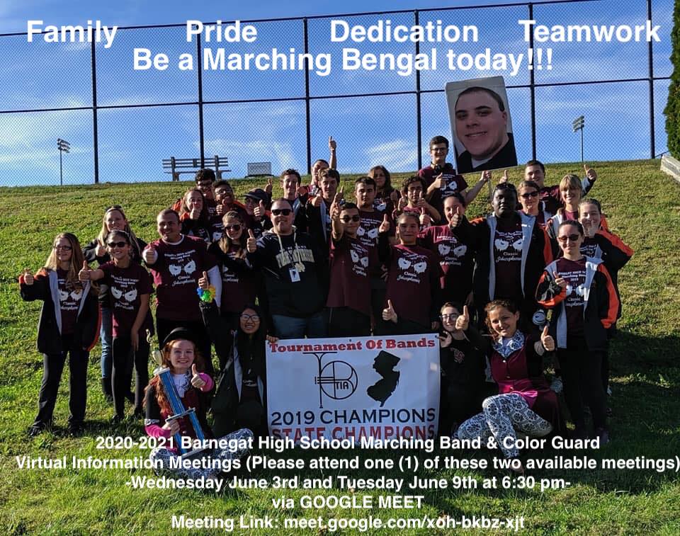 Don't forget! Tomorrow June 3, 2020 at 6:30 pm we will be hosting a Google Meet Information Meeting for the Fall 2020 Marching Band Season! Check out the attached picture for all of the details! Any questions or concerns, please contact Mr. McGrath!
