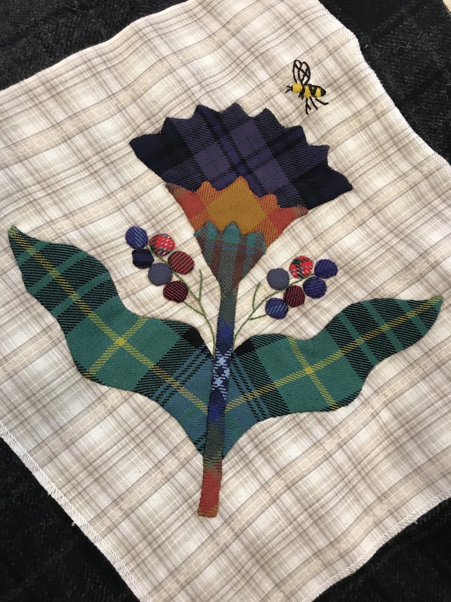 Sigh.....I Miss Scotland ❤️. So I made this....Hand appliquéd Thistle with Scottish tartan and crewel embroidered bee. #kylanderkouture #handapplique #crewelembroidery #Scotland