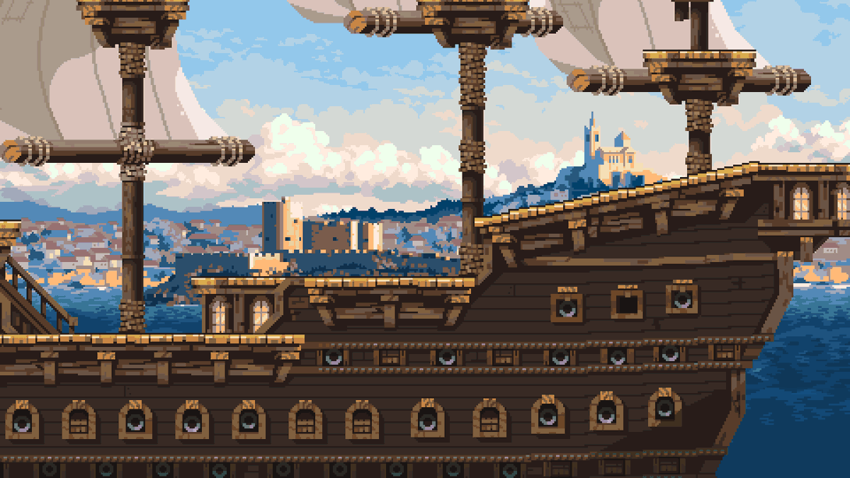 h3xmode's tweet image. Here is another parallaxing background scene, commission for @t_lloret #pixelart #indiedev #ship