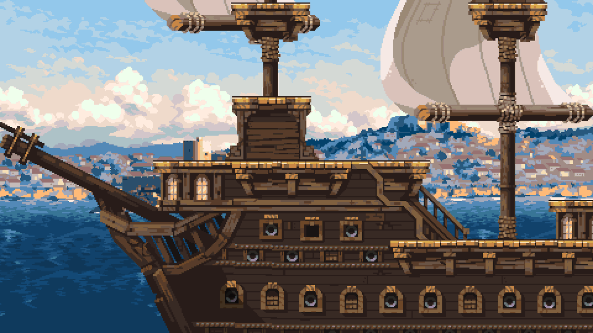 h3xmode's tweet image. Here is another parallaxing background scene, commission for @t_lloret #pixelart #indiedev #ship