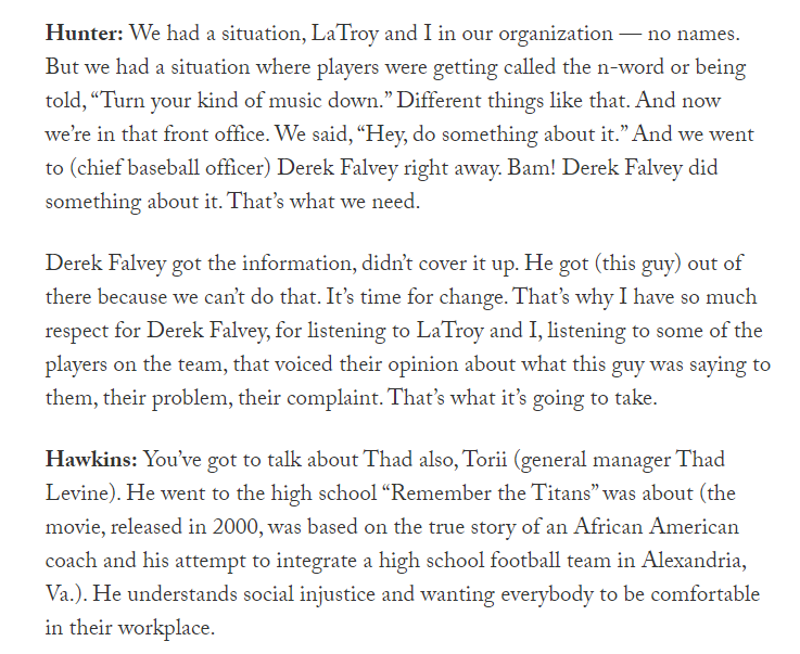 twinsdaily's tweet photo. Fun to see former @Twins and current #MNTwins front office men @toriihunter48 and @LaTroyHawkins32 participated on a panel of former MLB players, discussing race in baseball. Read the full article, but here's a small excerpt. https://t.co/Eh9mBb50py https://t.co/VbhjNVs5E9