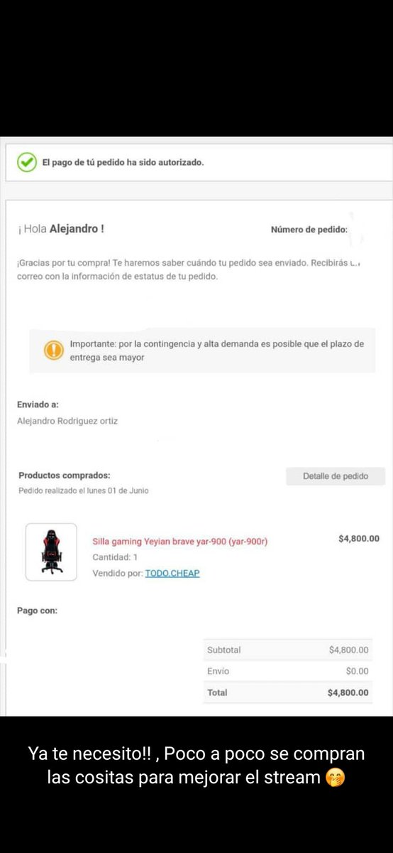 La verdad estoy emocionado por qué me apoyaron mis papás con esto ya que saben que me estaba doliendo mucho la espalda por hacer stream y me apoyaron para pedir la silla🥺