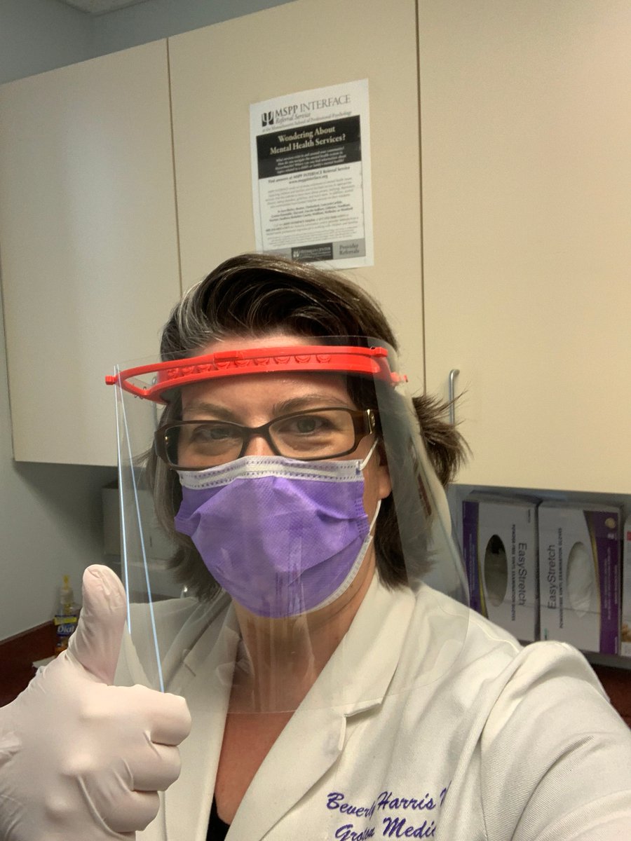 MassFaceShields's tweet photo. "Thank you again for the shields!  It will add a layer of reassurance as we go forward in opening up our clinic.  Your kindness and generosity means so much to us!" – Bev at Groton Medical Associates in her new face shield https://t.co/evUuOIZL9c