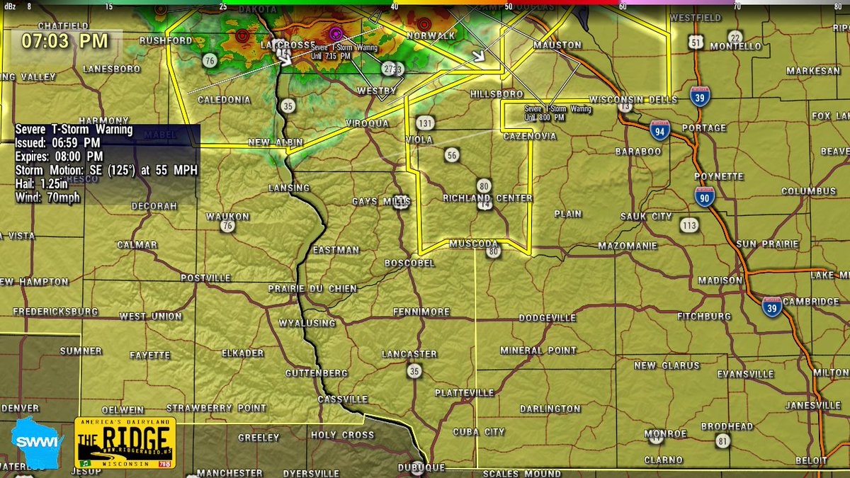#SWWIalert
SEVERE THUNDERSTORM WARNING for Richland County until 8 PM

At 6:58 PM, severe thunderstorms were located along a line from near Necedah to 7 miles northwest of Elroy to near Westby, moving SE at 55 mph. Hazards include 70 mph wind gusts and half dollar size hail.