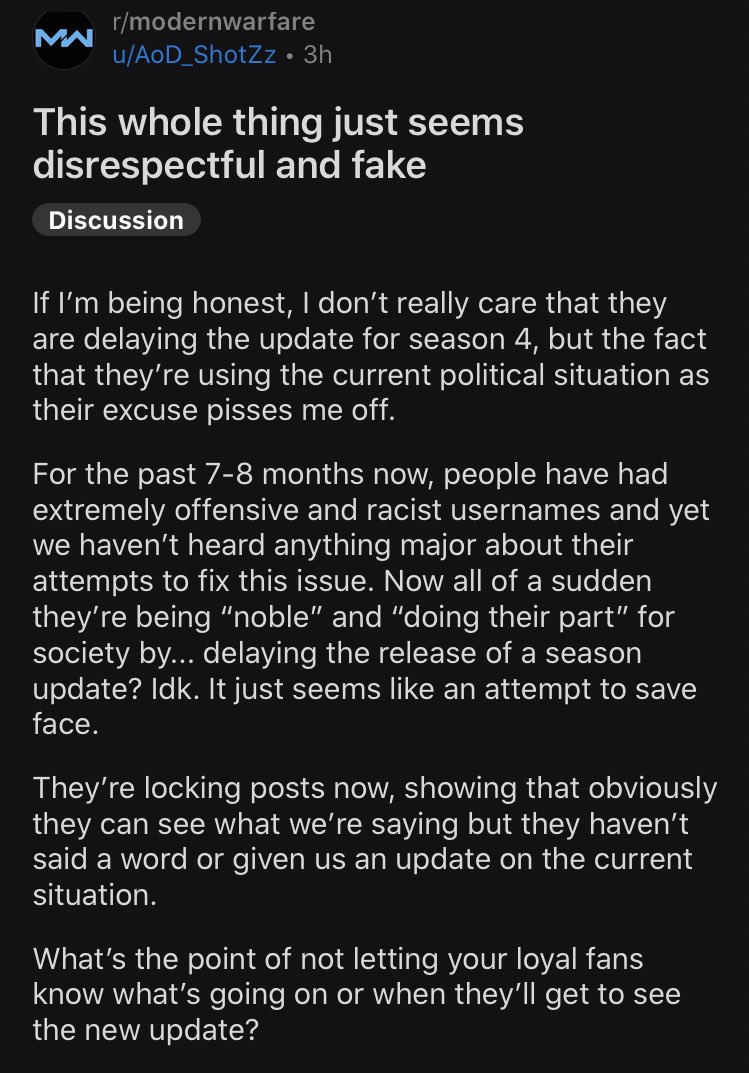 Modernwarzone Sur Twitter Warning Racist Language The 2 Top Upvoted Posts On T Co Pzufnt29nq Are Concerning Callofduty S Delay On Season4 And Their Stand Against Racism But Showing Hypocrisy Activision Infinityward There