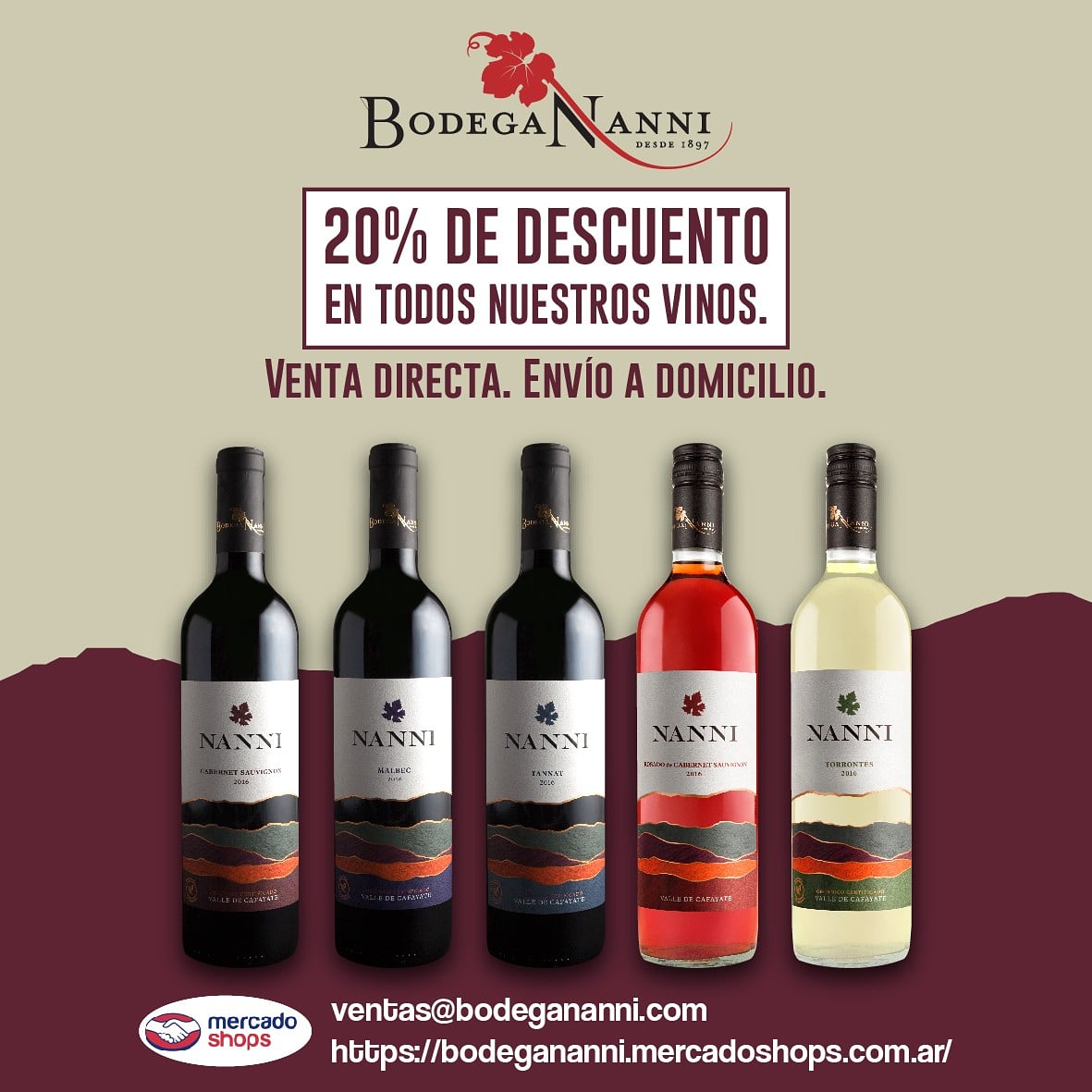 Súper promo sólo x 48 horas! 
20% de descuento en todos nuestros vinos y envío a domicilio gratis!
hacenos tu pedido a ventas@bodegananni.com