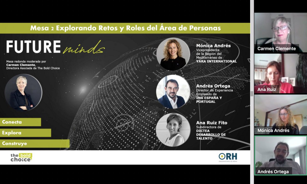Enhorabuena y gracias a nuestra súper moderadora <a href="/carmen_cleme/">Carmen Clemente</a> y 3 panelistas "top" de hoy en 2ª mesa #FUTUREminds <a href="/ORH_RH/">observatoriorh.com</a> <a href="/mnca5/">xyz</a> <a href="/yara/">Yara International</a> <a href="/ander73/">Ander73</a> <a href="/ING_es/">ING España</a> y Ana Ruiz Fito <a href="/GrupoDictea/">GrupoDictea</a> Un debate #personas #RRHH ¡extraordinario! ¡Y gracias a los que nos habéis seguido en directo!