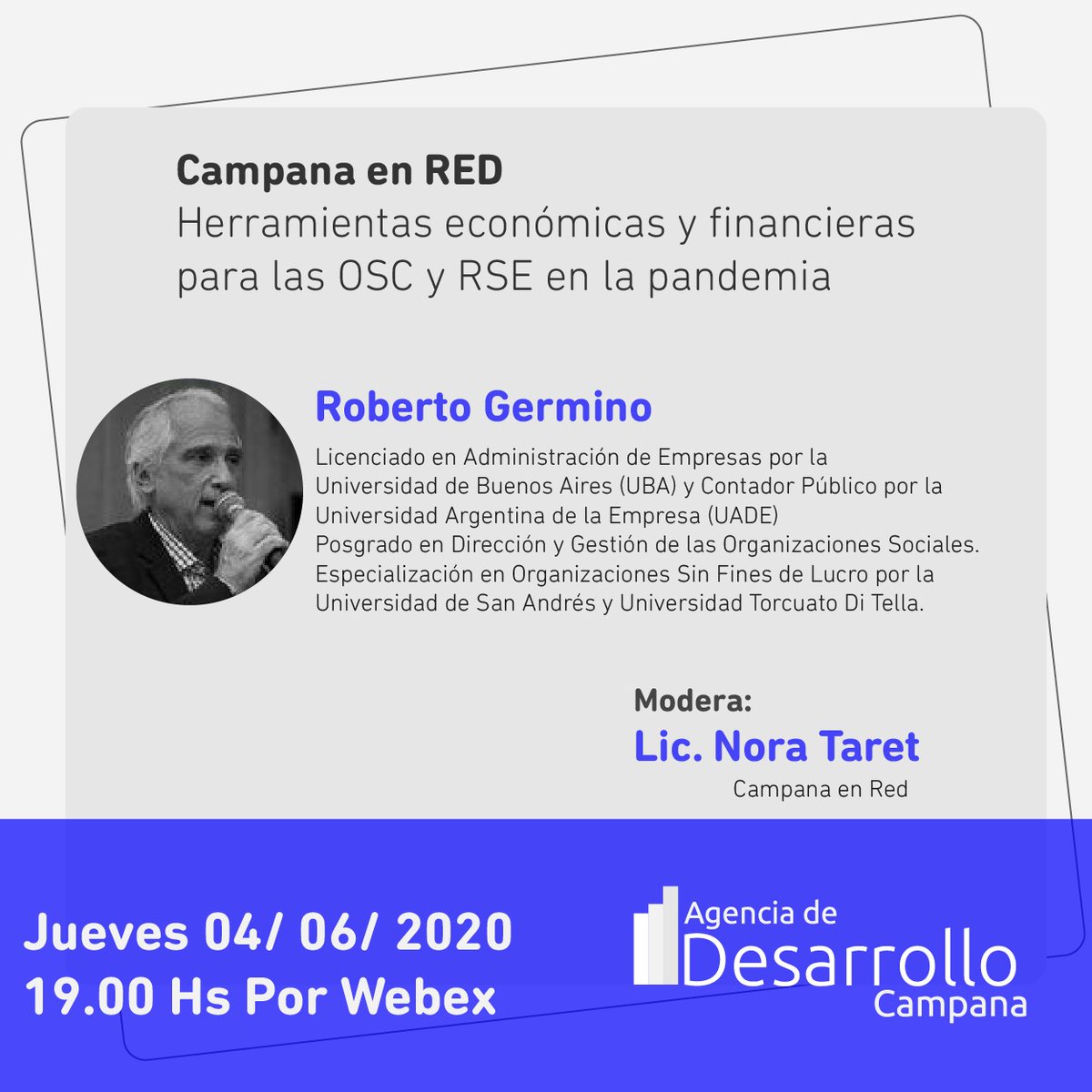 Hola! te invitamos este jueves a pensar las herramientas económicas y financieras para Organizaciones de la Sociedad Civil y la Responsabilidad Social Empresaria, de la mano del Lic. Roberto Germino y la moderación de la Lic.  Nora Taret.   Conéctate en:  meetingsamer8.webex.com/meet/gbarrios