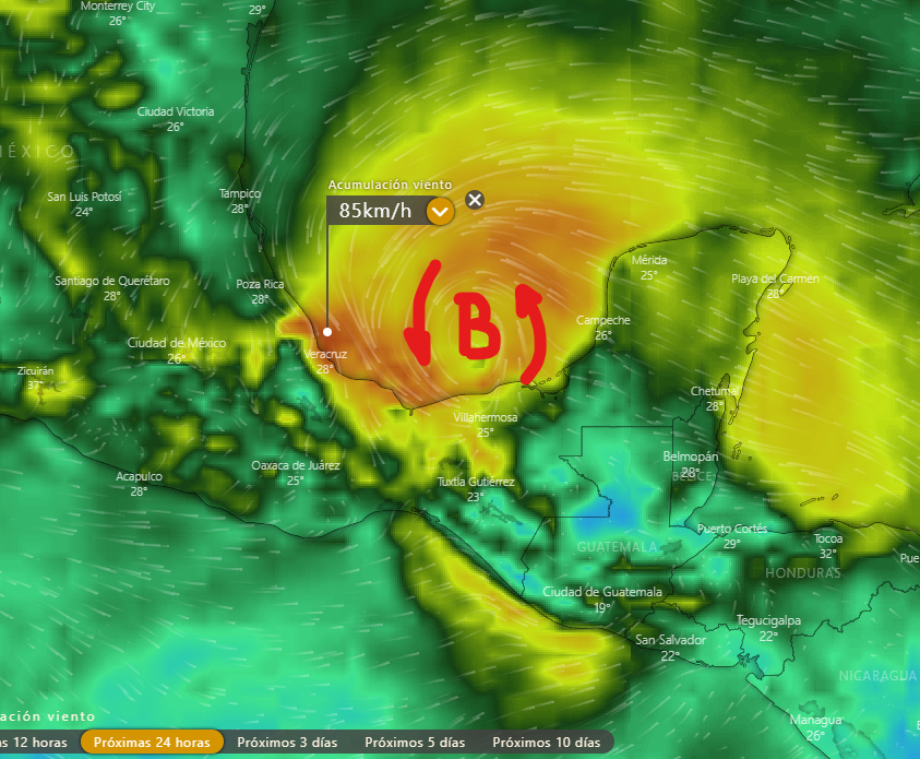 ChaacTlaloc's tweet image. El pronóstico del campo de vientos en las próximas 24h es de 85km/h desde el Puerto de Veracruz hasta Campeche por la amplia circulación ciclónica de la Tormenta Tropical #Cristobal @AtandoCabos @DeniseMaerker