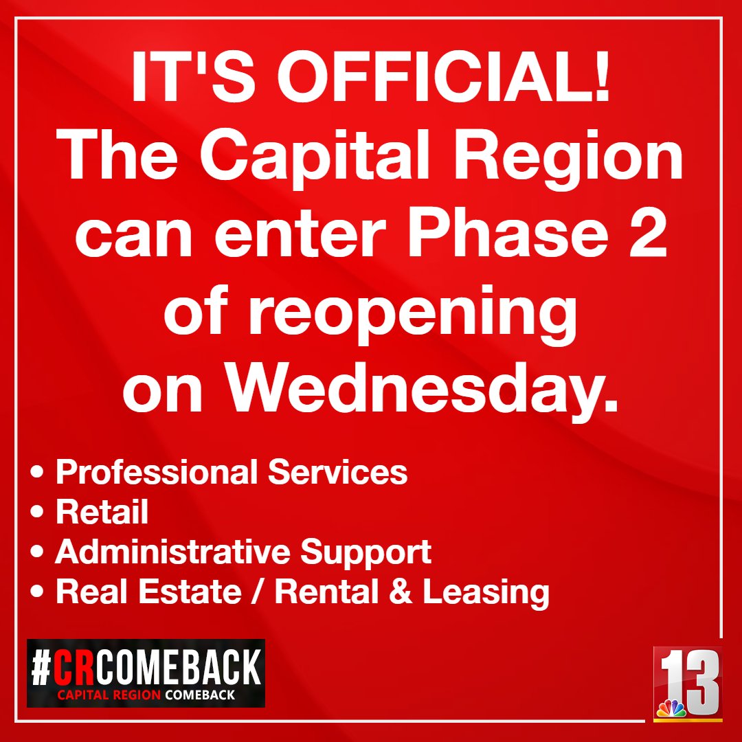 WNYT's tweet photo. The "official" announcement was made by @NYGovCuomo's office moments ago. #Phase2 #CRComeback https://t.co/hoQJ9nvGoe