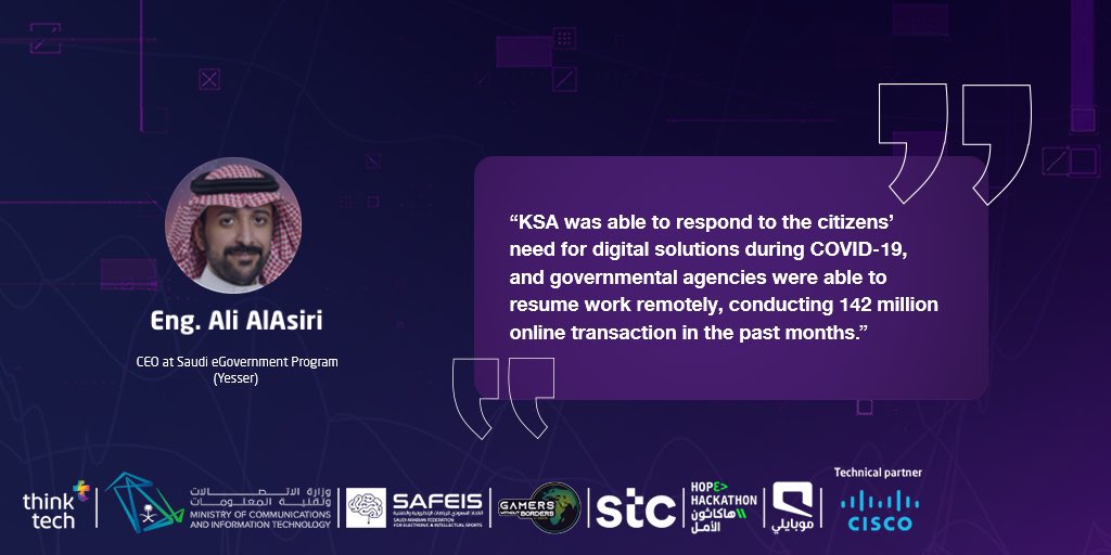 ThinkTech2030's tweet photo. Eng. Ali AlAsiri |@Ali_Alasiri 

KSA was able to respond to the citizens’ need for digital solutions during COVID-19

#HOPEHackathon
#GWBPS https://t.co/CKhJKnj7FQ
