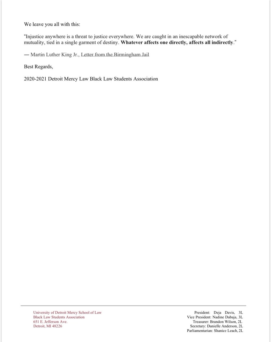 Gary Maveal (@garymaveal) on Twitter photo <a href="/DetroitMercyLaw/">Detroit Mercy Law</a> Black Law Students Assn's moving letter pleads for and demands an end to racism in our criminal justice system. <a href="/MISupremeCourt/">MI Supreme Court</a> <a href="/MIStateBar/">State Bar of Michigan</a> #BlackLivesMatter <a href="/DetroitMercyLaw/">Detroit Mercy Law</a> Black Law Students Assn's moving letter pleads for and demands an end to racism in our criminal justice system. <a href="/MISupremeCourt/">MI Supreme Court</a> <a href="/MIStateBar/">State Bar of Michigan</a> #BlackLivesMatter