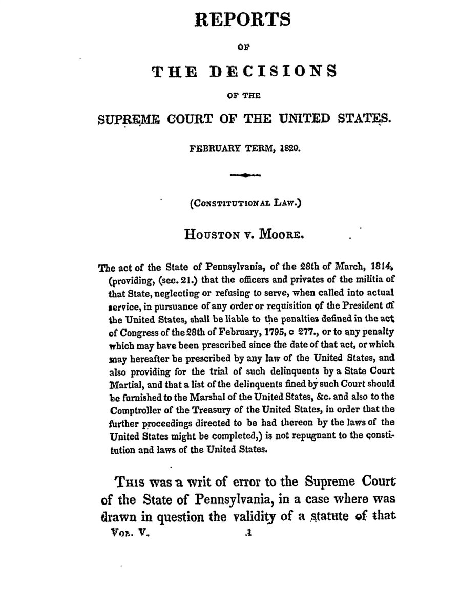 FACT # 1SCOTUS Houston v. MooreLaw Library of Congress Link https://tile.loc.gov/storage-services/service/ll/usrep/usrep018/usrep018001/usrep018001.pdfstated in part that the power of Congress over the militia is not unlimited, affirming state’s rightsAddressed the quagmire of which came 1st the State Constitution or the US Constitution