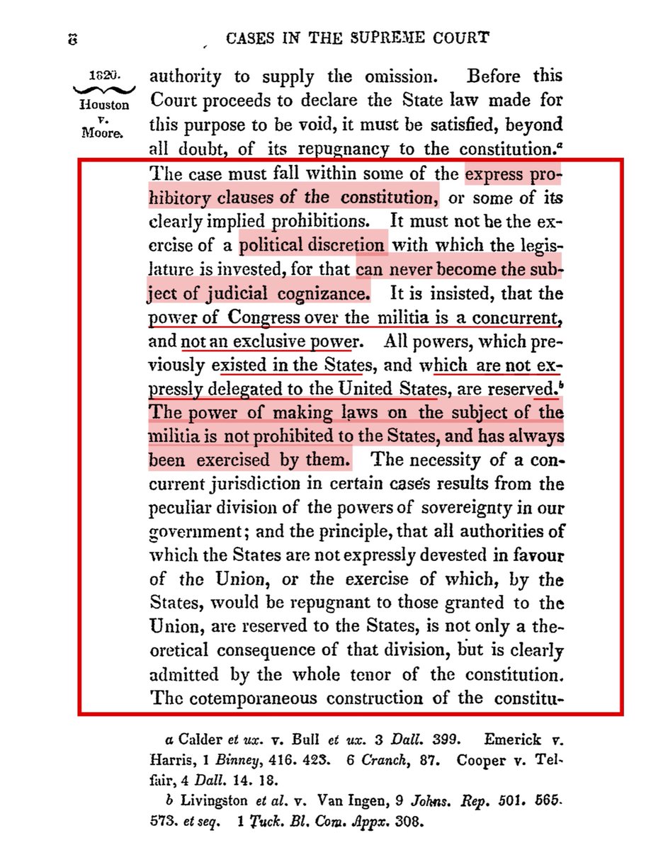 FACT # 1SCOTUS Houston v. MooreLaw Library of Congress Link https://tile.loc.gov/storage-services/service/ll/usrep/usrep018/usrep018001/usrep018001.pdfstated in part that the power of Congress over the militia is not unlimited, affirming state’s rightsAddressed the quagmire of which came 1st the State Constitution or the US Constitution