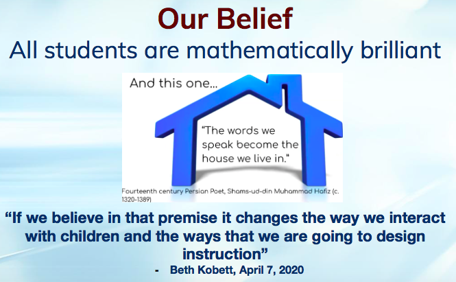 YehCathery's tweet image. Yes! I agree! Systemic change begins w/ personal reflection &amp;amp; action. Fixed mindsets abt students, mathematics, &amp;amp; what it means to do and know math deny access to SWD and emergent bilingual students! Love @bkobett&apos;s quote here as a reminder of our beliefs. #LevelingUpMath