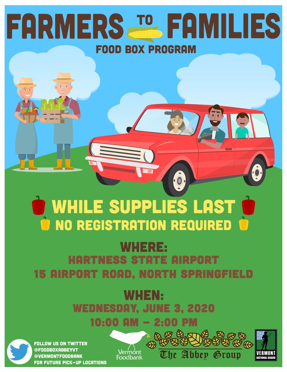 #Vermont #FarmerstoFamilies happening tomorrow @ Hartness Airport in Springfield! Events 10a-2p, while supplies last. We encourage you to attend the event closest to you and please check our page for list of dates &amp; locations.