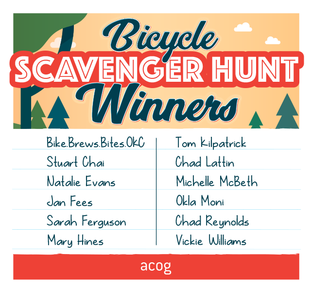 ACOGOK's tweet photo. #Congrats to the winners of the @ACOGOK  Bicycle Scavenger Hunt! It was a great way to celebrate #BikeMonth and to see #CentralOklahoma from the seat of a #bike.  Thanks to all of those who participated! https://t.co/R43hP8mC37