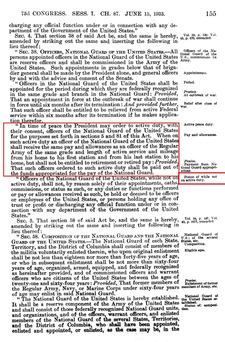 FACT # 41933 Amendment to the National Defense Act of 1916.National Guard folded into a component of the US Army.National Guard members have 2 two military statuses—a member of the National Guard of his/her state or US National Guard See Title 10 & 32 https://www.loc.gov/law/help/statutes-at-large/73rd-congress/session-1/c73s1ch87.pdf