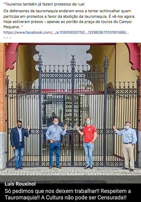 CAATantitourada's tweet photo. Toureiros também já fazem protestos de rua
Os defensores da tauromaquia andaram anos a tentar achincalhar quem participa em protestos a favor da abolição da tauromaquia É vê-los agora Hoje estiveram presos–apenas ao portão da praça de touros Campo Pequeno https://t.co/Ze4HzyTppN https://t.co/qEP4IqcsXT