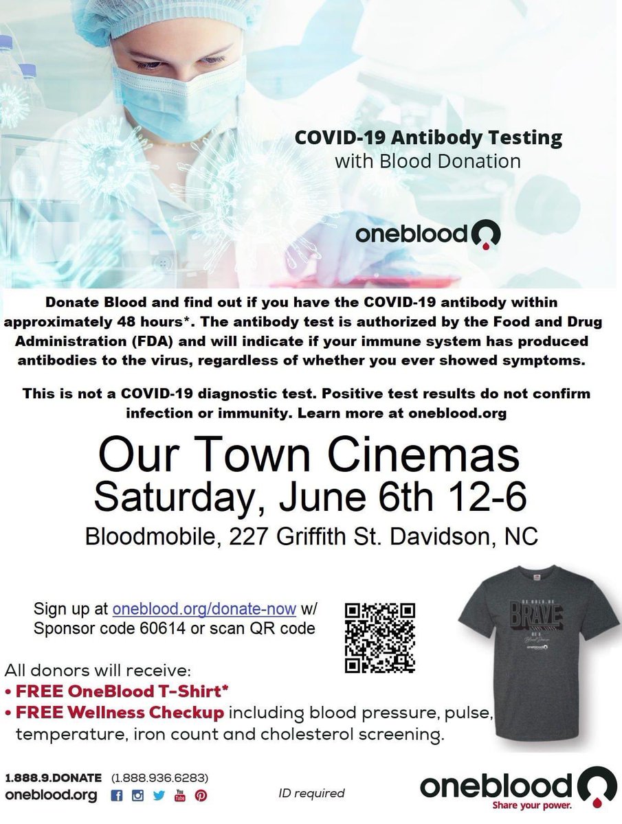 Exciting news about the blood drive we are hosting this Sat, June 6th from 12-6pm: OneBlood now tests all successful donations for Covid-19 antibodies. If your curious, here is your chance to find out, get a T-Shirt and get a wellness checkup — all free with your blood donation🩸