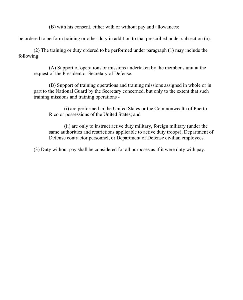 FACT # 5;National Guard is the ONLY US military force thay operates across both State and FederalState Active Duty (SAD)Full-Time National Guard Duty (Title 32)Active Duty (Title 10)32 USC §502 https://policy.defense.gov/portals/11/Documents/hdasa/references/32_USC_502.pdf