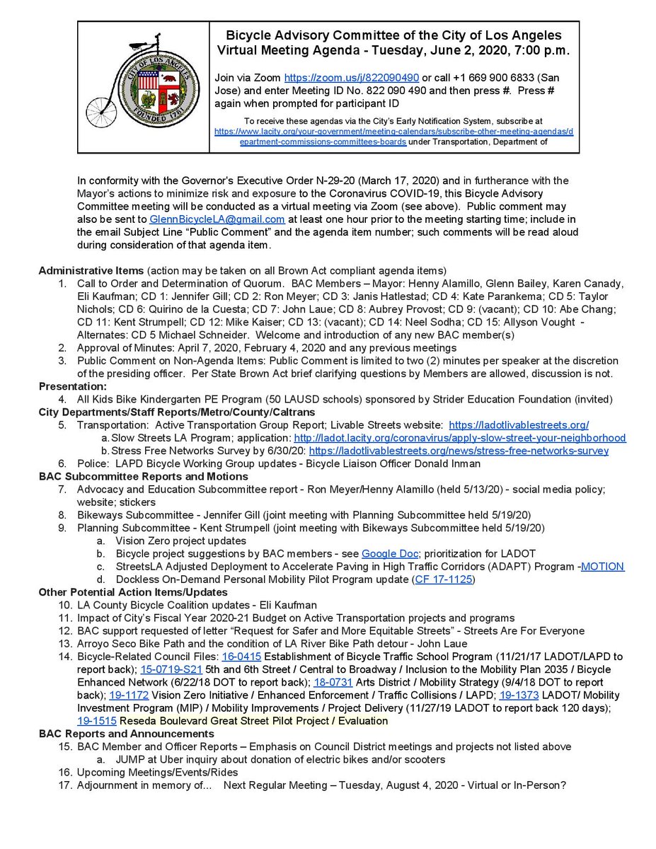 BicycleLACity's tweet photo. You are invited to attend tonight's City Bicycle Advisory Committee meeting 6/2/20, 7pm which be held virtually via Zoom​.  Attend the meeting from the safety of your home!  The agenda, including the Zoom access information, is posted here:   https://t.co/1AjuioQXdX https://t.co/Uu6gtMrUSv