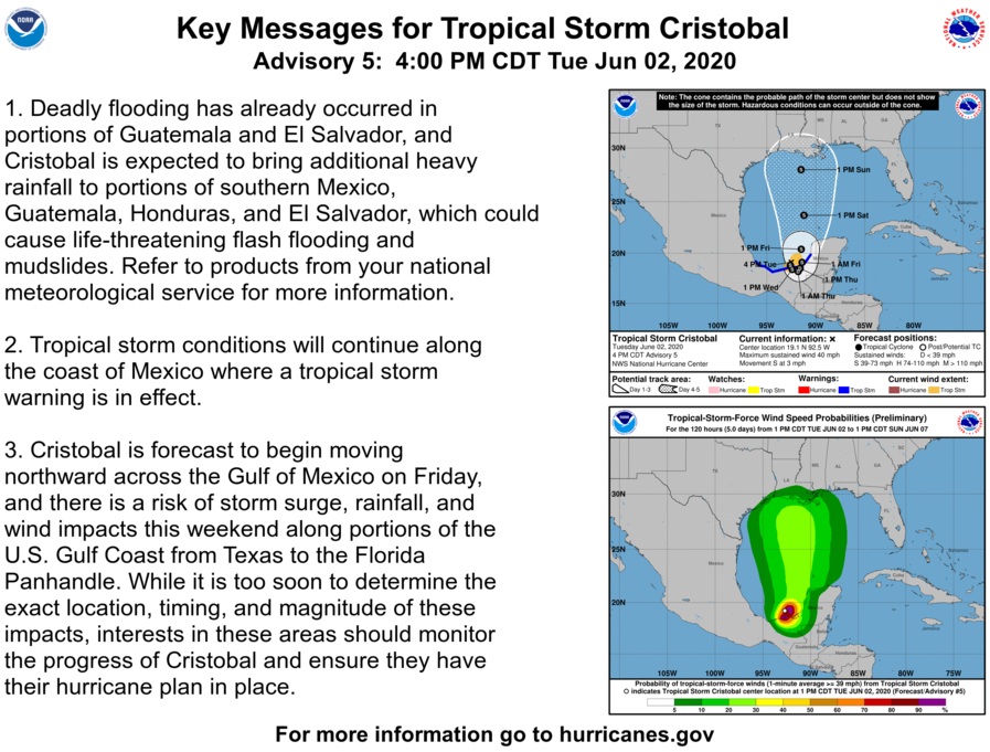 NHC_Atlantic's tweet photo. Here are the 4:00 pm Key Messages for #Cristobal.  For more information on this system go to https://t.co/tW4KeGdBFb https://t.co/pOAmzMFk0T