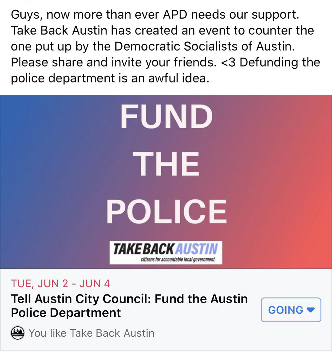 takebackaustin's tweet photo. Defunding the Austin Police Department is not the answer. Join our event and reach out to our leadership and show support for our City’s officers. https://t.co/cZXpv5sY2d #atx #austin https://t.co/lRwqRh6dzN