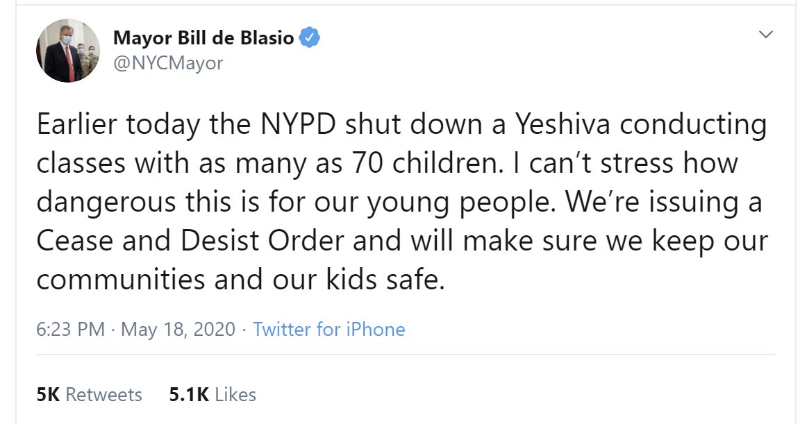 TomCottonAR's tweet photo. Mayor Bill de Blasio loved cracking down on a Yeshiva peacefully educating children. 

Now, he refuses to stop thousands of rioters ransacking New York, despite no social distancing. 

This madness will only lead to more destruction. https://t.co/cWONvQ0Z0a