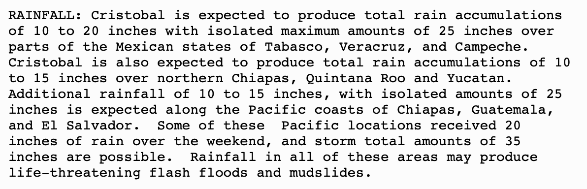 NHC_Atlantic's tweet photo. #Cristobal has already produced deadly flooding in portions of Guatemala and El Salvador. The threat of life-threatening flash flooding continues over portions of southern Mexico, Guatemala, Honduras, and El Salvador. Get  the latest information at: https://t.co/tW4KeGdBFb https://t.co/MQcKVmUN5b