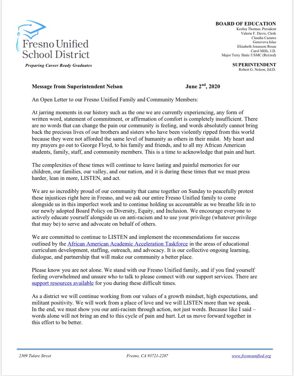 fresnounified's tweet photo. This morning Superintendent Bob Nelson shared an open letter to our community. #FUSDFamily https://t.co/zDhR0vHeyV
