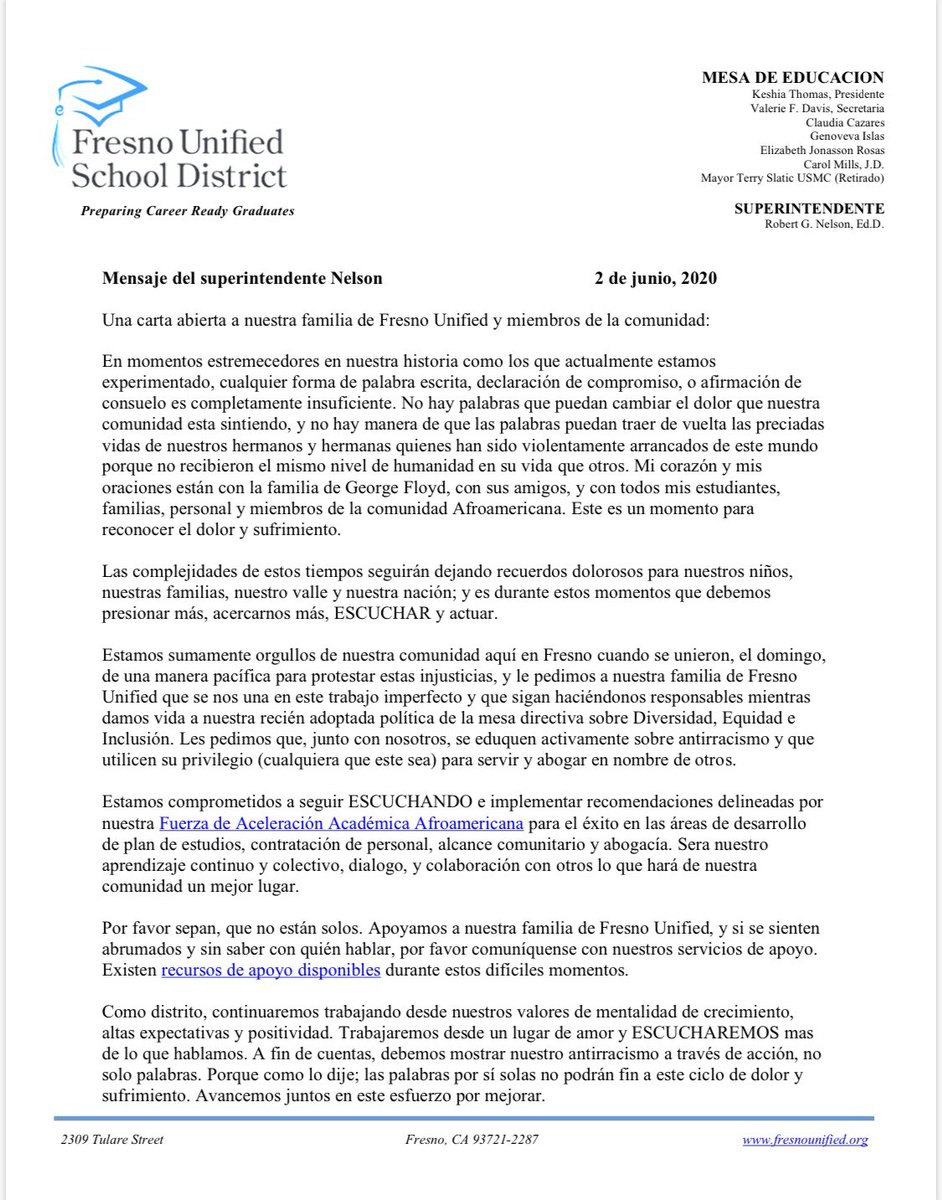 fresnounified's tweet photo. This morning Superintendent Bob Nelson shared an open letter to our community. #FUSDFamily https://t.co/zDhR0vHeyV