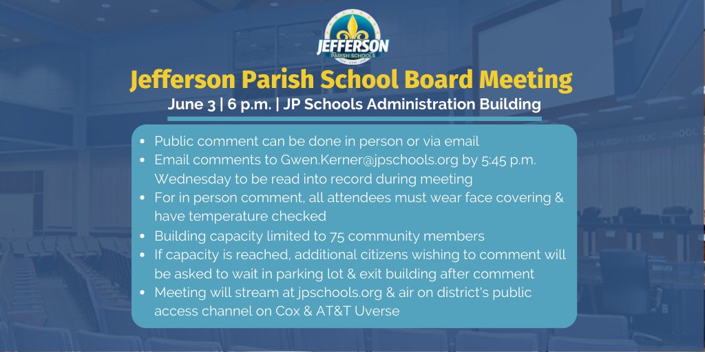 JPschools's tweet photo. Our June board meeting will be in person Wednesday at 6 p.m. Learn about the CDC guidelines we’re following to keep people safe &amp; give everyone the opportunity to participate. #WeLove #WeLearn #WeLead #JPSchools #LaEd https://t.co/4uC61uVn3W https://t.co/eLiwVPWdMD