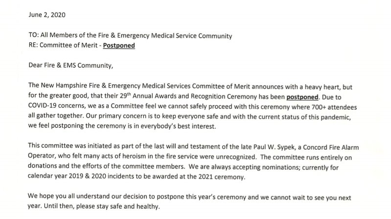 nhfstems's tweet image. Committee of Merit Annual Awards Update:

The 29th Committee of Merit Annual Awards Ceremony has been postponed this year, due to #Covid19 concerns.

For further details, please read the statement below.

#NHFire #NHEMS #NHFireAndEMS #CommitteeOfMeritAwards