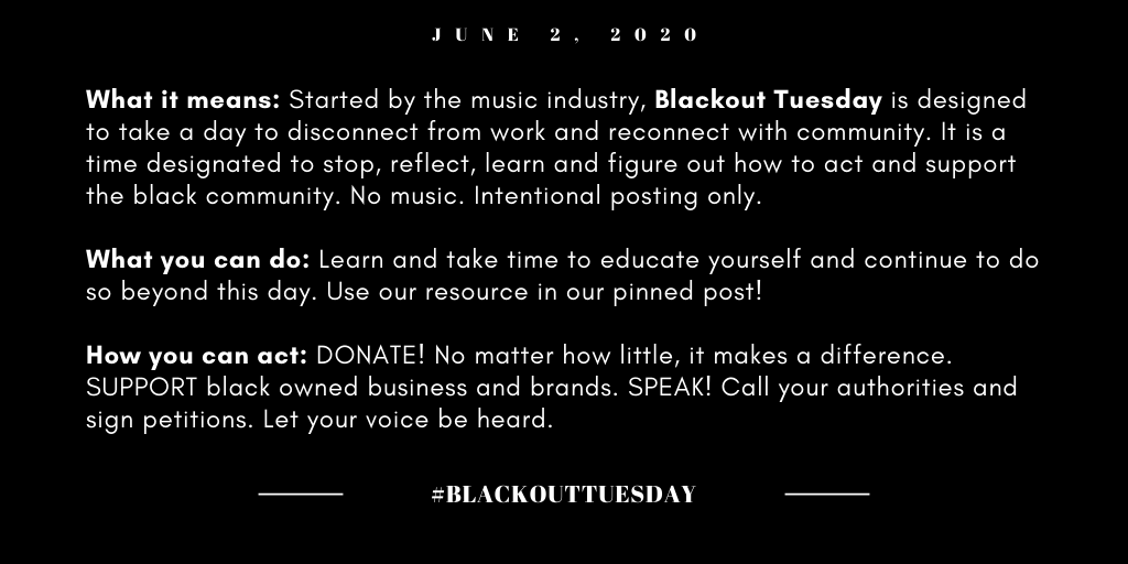 Autumn_Bry's tweet photo. Blackout Tuesday is a moment to lean in &amp; amplify voices of the black community. To keep things simple, https://t.co/PkSH3P97Jn is a streamlined version of #blacklivesmatter content. It’s totally okay to be overwhelmed, but don’t let those feelings keep you from taking action! https://t.co/vScyO5QmGd