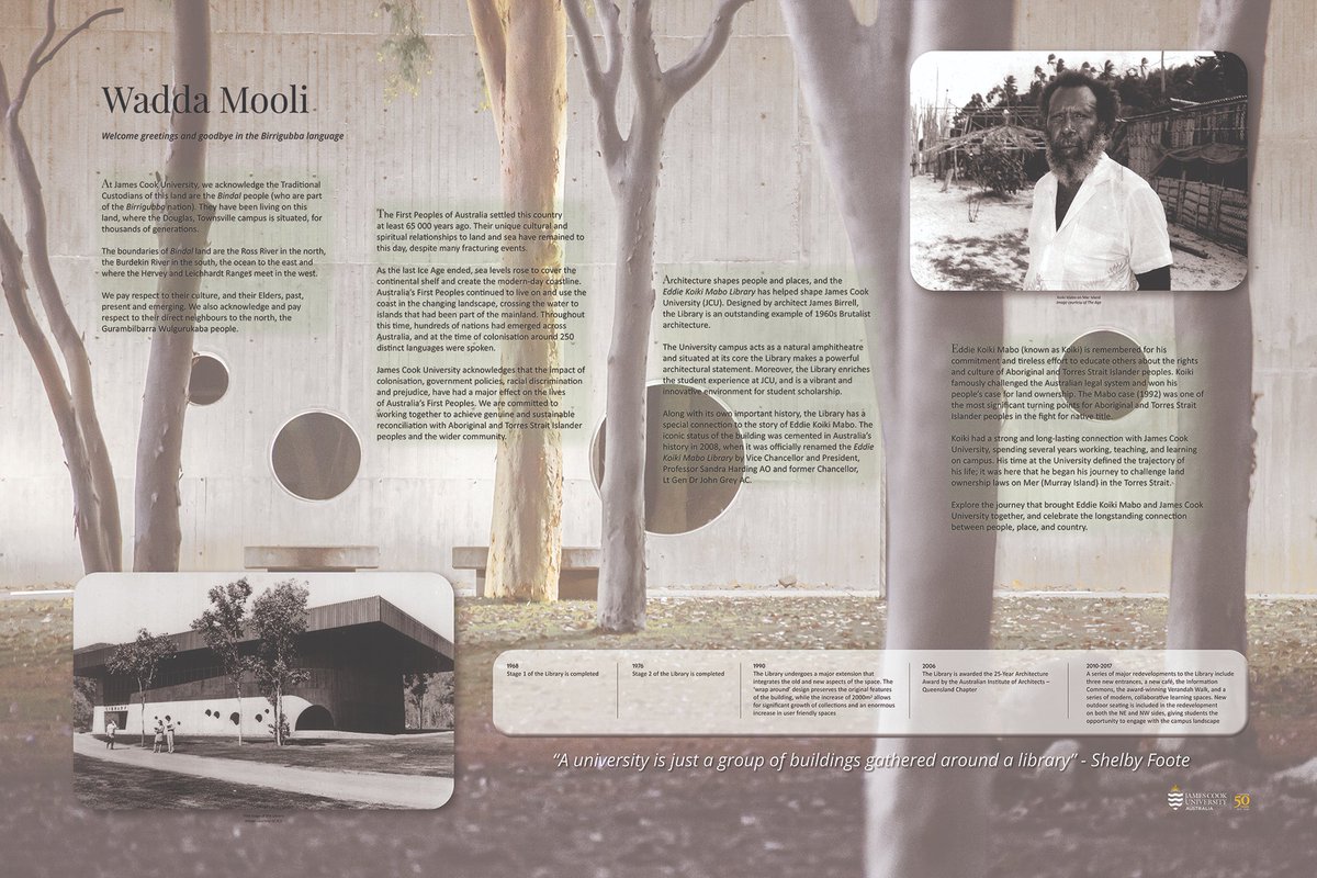 JCULibrary's tweet photo. It's #MaboDay! In the #MaboLibrary, we've got a new interpretive wall celebrating Eddie Koiki Mabo, the Mabo decision and the Indigenous Australian context of the land on which we work. https://t.co/BlI9SC9Umn