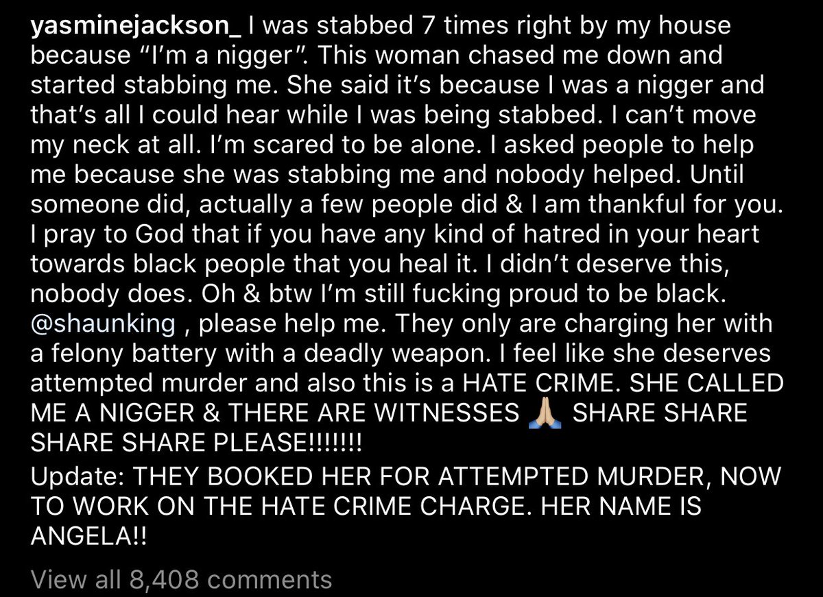 Michael Jackson’s niece was stabbed SEVEN times near her home for “being a n*gger” by some crazy racist cow. I cannot!!!!