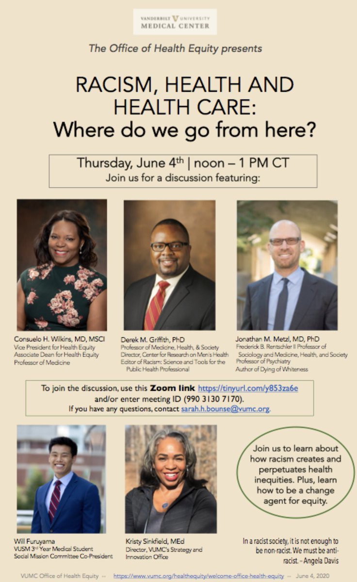 Join us Thursday 6/4 at noon CT for a panel on racism, health and health care - where do we go from here?. So thrilled that @CRMHVanderbilt @JonathanMetzl @morespirit @VUmedicine could participate in this timely discussion. zoom.us/j/99031307170