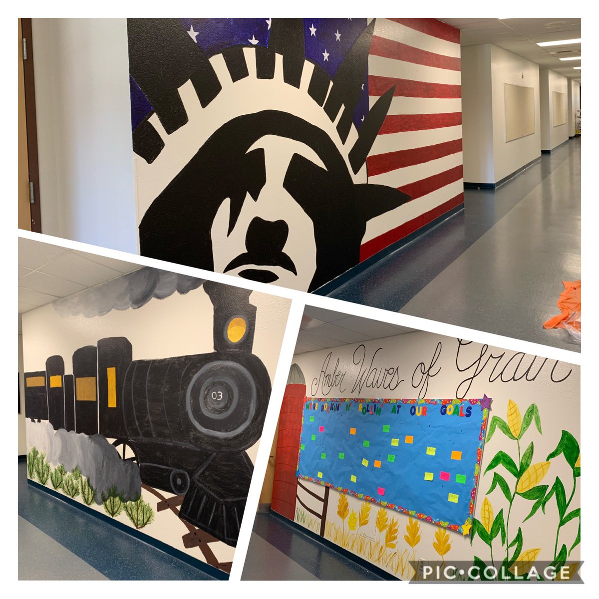 AmyDrost5's tweet photo. Over the last 2 weeks I’ve been lucky to have a little time to add to the Hallway 4 murals at #mves5⭐️ #MVES #eaglesstrong Bottom 2 murals are new. America the Beautiful theme. https://t.co/ylaBtkeZXo