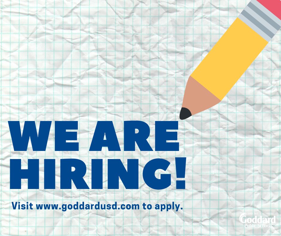 WE ARE HIRING!

We have OPEN several coaching, teaching, maintenance, nutrition services, &amp; special education positions.

If you are interested in educating all students for lifelong success, visit goddardusd.com to apply.

Questions? Please call 316-794-4000.

#265Pride