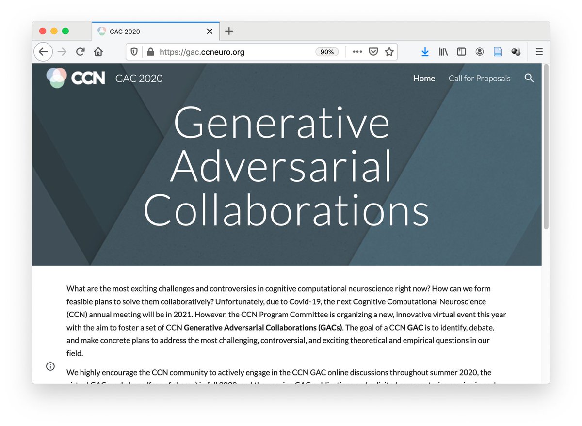 We can't meet in person for CCN 2020 and the world is crazy. But let's come together for an innovative virtual event to solve exciting challenges in cognitive computational neuroscience! Announcing Generative Adversarial Collaborations: gac.ccneuro.org #CCNGAC