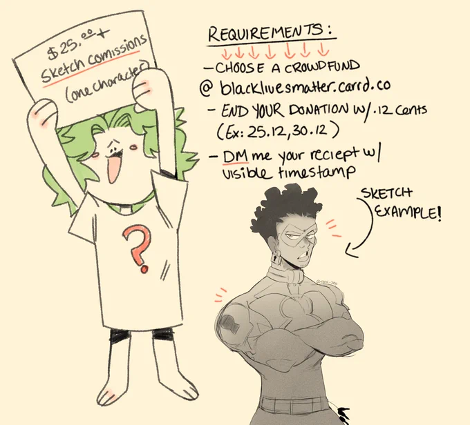 I am doing donation based commissions for #BlackLivesMatter protesters and black people in need!! Please follow the requirements and DM me if you are interested or have any questions!! &lt;3 &lt;3 slots are open till further notice!

https://t.co/AT8yNFZASk 